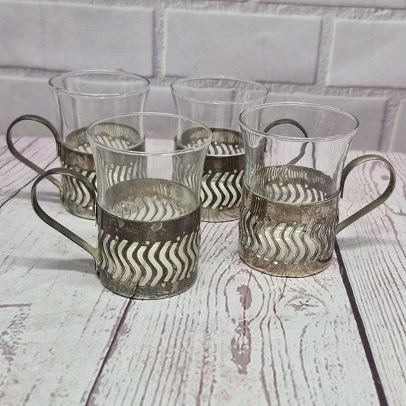 4~Turkish Coffee Italian Espresso Demitasse Silver Plate Metal Holder Glass Cups