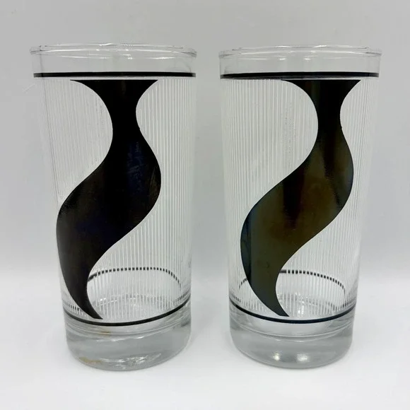 Set Of 2 Vtg 1989 Anchor Hocking Glasses Black White Retro Highball Bar Abstract