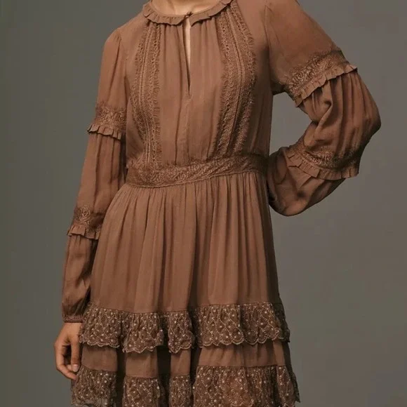 By Anthropologie Lace Pleated Mini Dress Long Sleeve Tiered Brown‎ Dress Sz XS