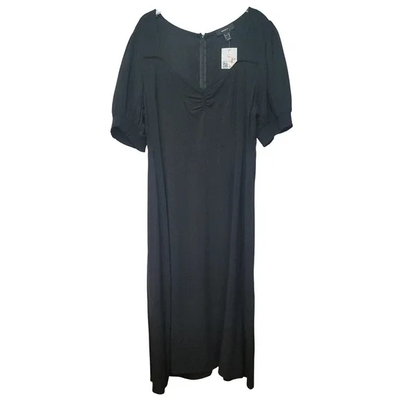 FOREVER 21 Square Neck Puff Sleeve Midi 3X Romantic Milkmaid Soft Black Dress‎