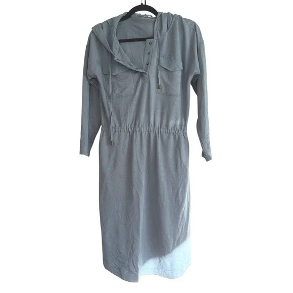 Soft Surroundings Hooded‎ Henley Midi Dress Blue Grey Elastic Waist Small