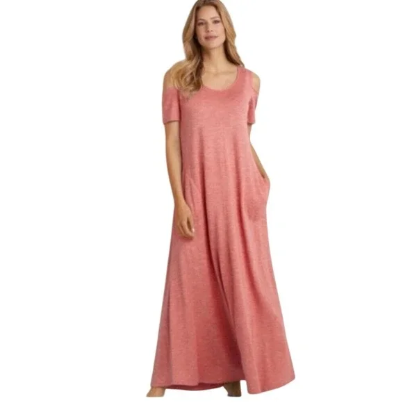Soft Surroundings Maxi Dress Womens Large Coral Cold Shoulder Pocket A-Line 2934
