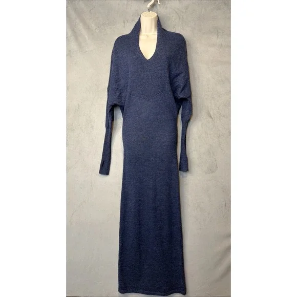 Nicholas K Women's Alpaca Maxi Sweater Dress Blue XS Batwing Thumbholes