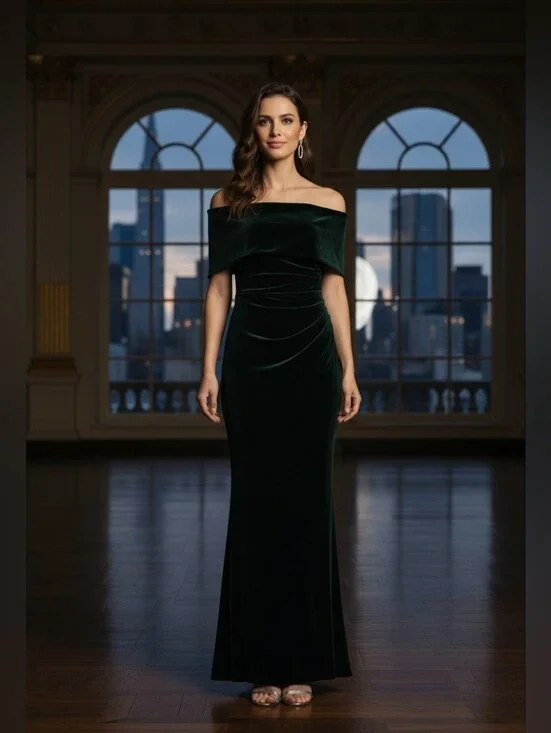 Vince Camuto Off-Shoulder Velvet Evening Gown - Emerald Green Sz 10