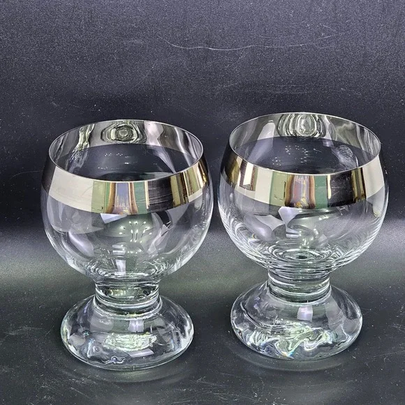 Vintage Silver Band Brandy Snifters MCM Dorothy Footed Cocktail Set of 2 Clear