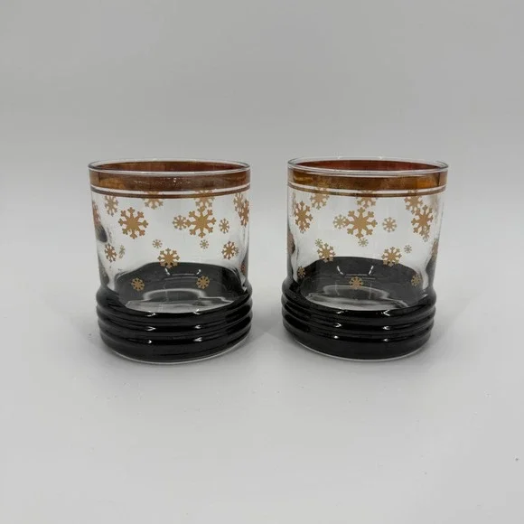 Vintage MCM Gold Snowflake Whiskey Glasses Sakura Sango Black Ribbed Base Set