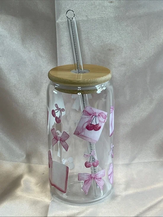 Glass Drink Jar with Bamboo Lid & Straw - Pink Cherry Design NEW