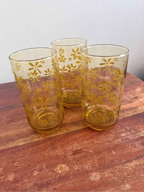 Amber Floral Embossed Drinking Glasses - Set of 3