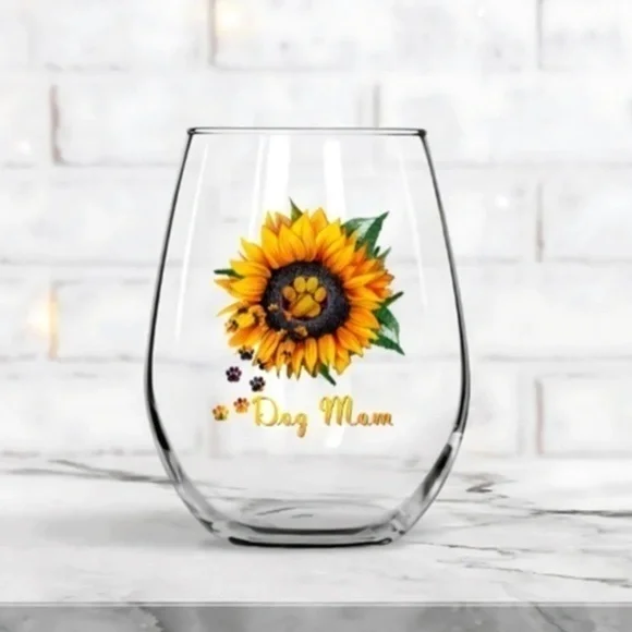 Dog Mom Sunflower Stemless Wine Glass