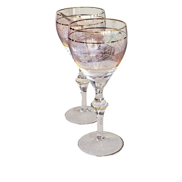 Vintage Crystal Wine Glasses Gold Etched & Banded Stemware Set/2