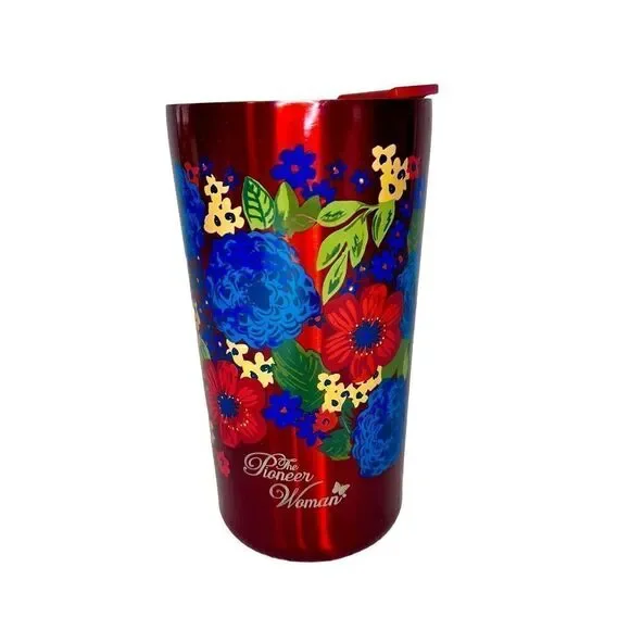 Pioneer Woman Red Floral Stainless Steel Double Insulated Cup Coffee Tea W Top
