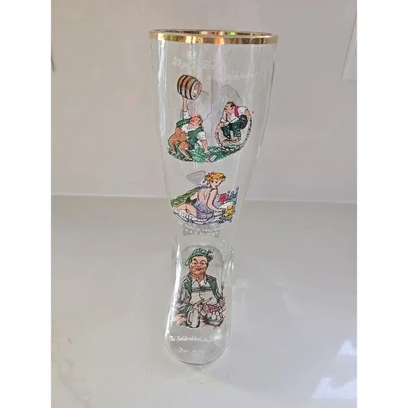 Vintage German Beer Boot Glass Gold Rim Humorous Bavarian‎ Illustrations 9 Inch