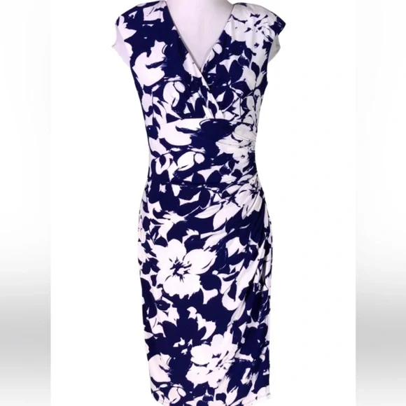 Lauren Ralph Lauren floral Dress blue white ruched waist 8 EUC CHURCH DINNER