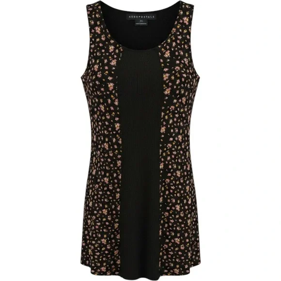 Aeropostale XL Black Floral Ribbed Knit‎ Sleeveless Bodycon Dress Y2k Cottage