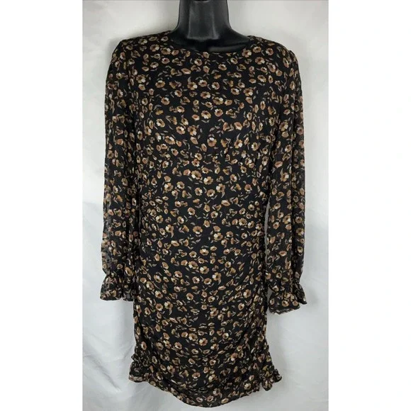 Storia  Dress Size S Mini Floral Long Sleeve ‎ Black Brown Ruched Swiss Dot Zip