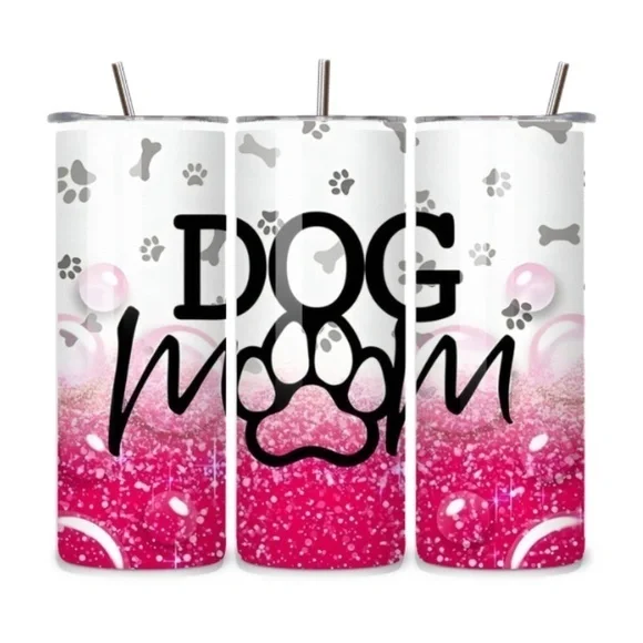 Dog Mom Pink Glitter 20oz Stainless Steel Tumbler