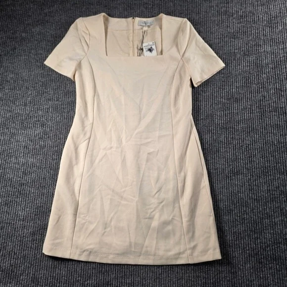 WAYF Cream Beige Square Neck‎ Short Sleeve Mini Dress Size S NWT