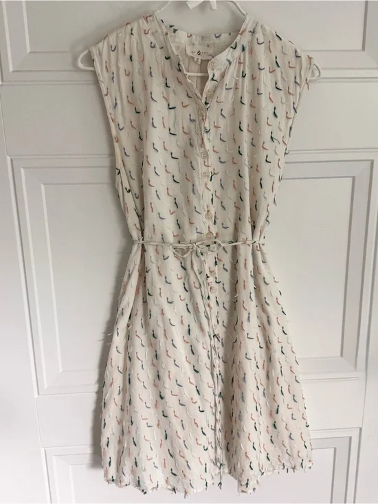 LOFT Lou & Grey Cream Button-Front Shirtdress with Teal & Peach Tassel Print, M