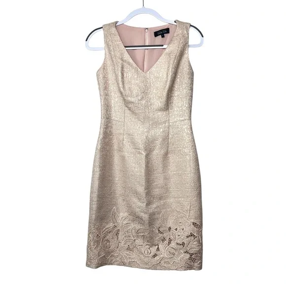 Rickie Freeman Teri Jon Metallic Pink Gold Dress Lace‎ Party Cocktail Sheath 4