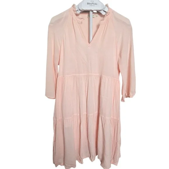 Spartina 449 Womens Blush Pink Tiered Ruffle V-Neck Mini Dress Small 3/4 Sleeve‎