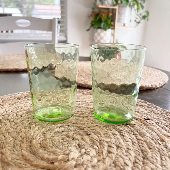 Vintage Green Textured Hammered Glass Drinking Tumblers Set Mid-Century Style