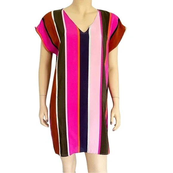 Marie‎ Oliver Silk Multi Color Striped sheath tunic dress women's M