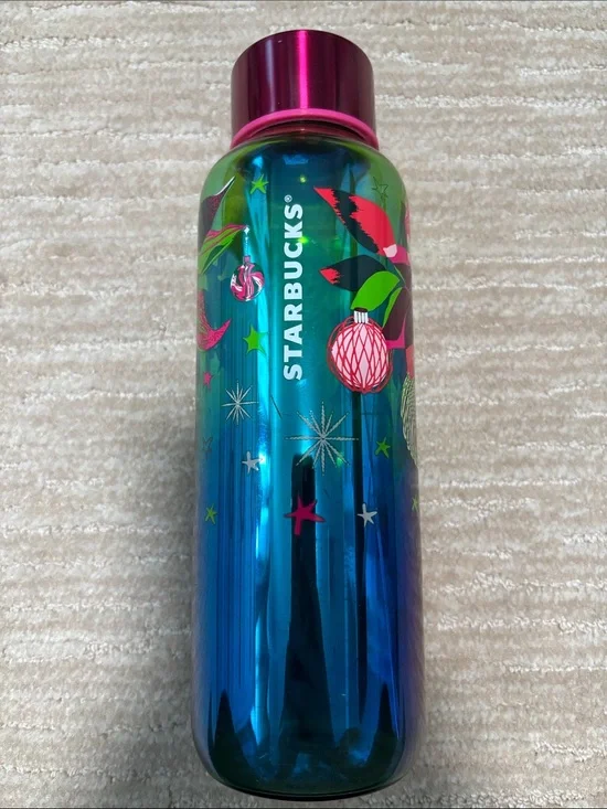 Starbucks Blue Glass Bottle with Pink Cap and Green Accents