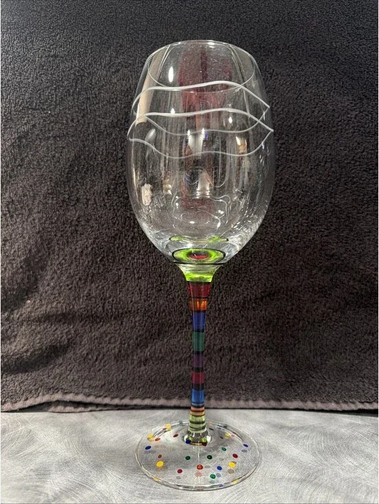 Colorful Art Glass Wine Goblet Striped Stem Confetti Foot Hand Painted 8.5”
