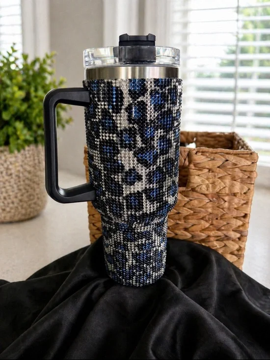 Sparkle Leopard Stainless Travel Mug - Blue & Black