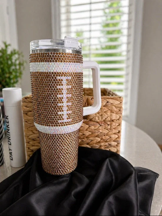 Rhinestone Bedazzled Travel Tumbler with Handle - Brown & Iridescent