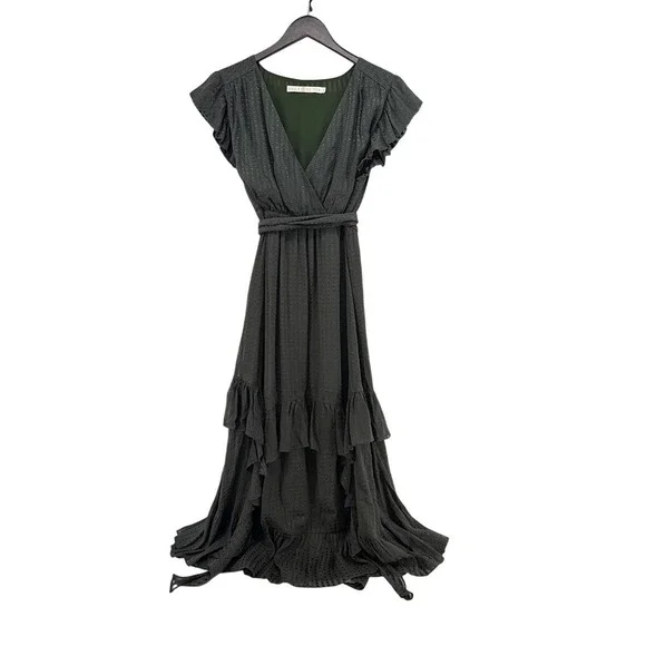 Marie Oliver Green‎ Dobby Dot Ruffle Wrap Maxi Dress Size M Forest Green Tiered