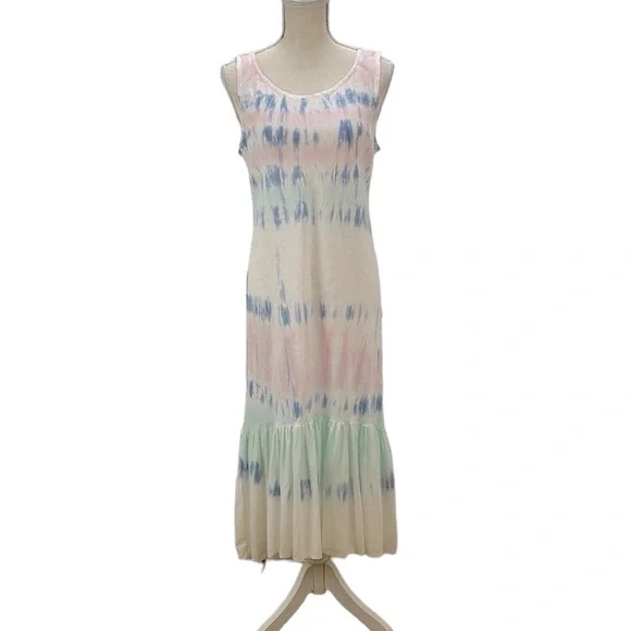 Charlie B Linen Ruffle Hi Low Hem Dress M Tie Dyed Pastel Pink Blue‎ Slee…
