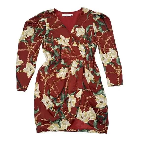 ASTR Dress Size Medium Red Alexis Floral Printed‎ Mini Puff Sleeve Wrap Casual
