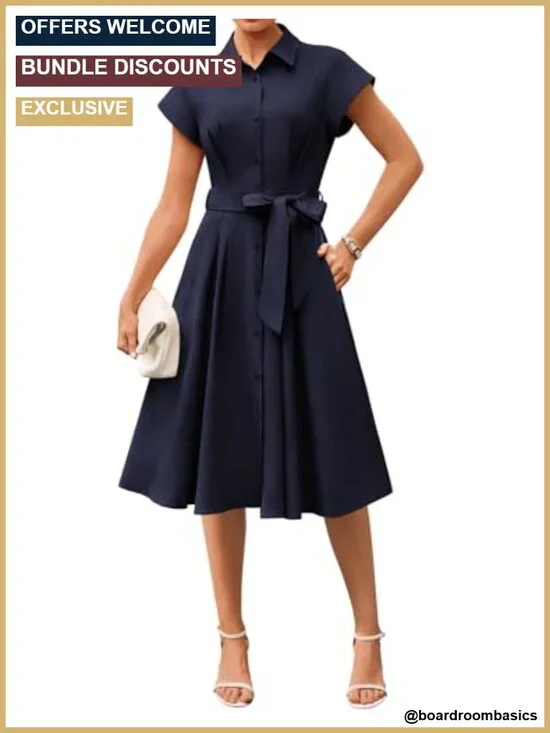 Women's Midi Shirt Dress V-Neck Cap Sleeve Fit-and-Flare with Pockets