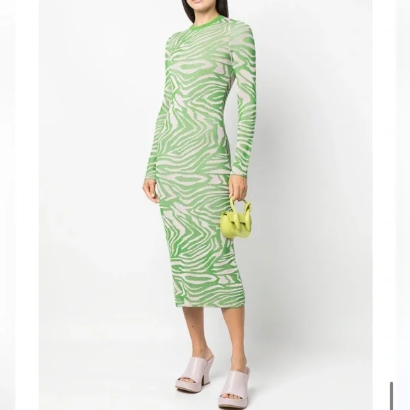 Stine Goya Chiara Knit Midi Dress Pastel Green Abstract Print Ribbed‎ Size XXS