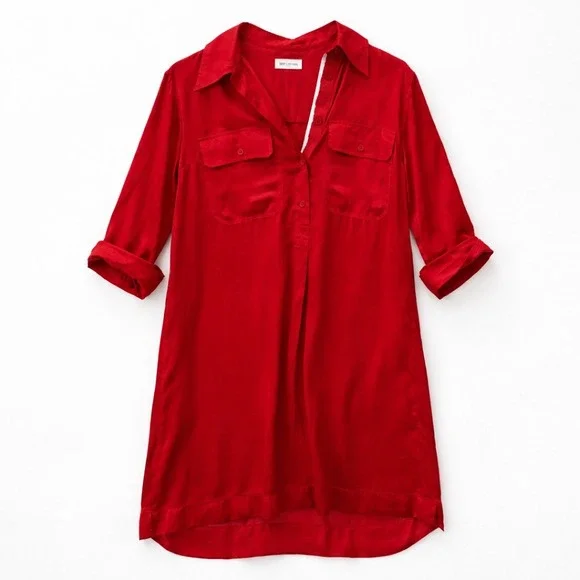 Zadig‎ & Voltaire Red Silk Button Front Shirt Dress Long Sleeve Mini Dress