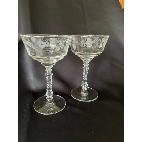 Libbey Rock Sharpe Halifax Etched Crystal Champagne Coupe Sherbet Glasses Set 2
