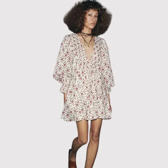ZARA Mini Dress Beige Floral Puff Sleeve V Neck Lace Up Ruffle A Line Boho XS