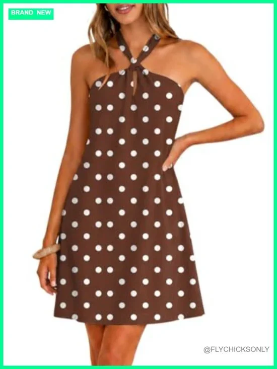 Halter Neck Mini Dress Sleeveless Boho A-Line Flowy Beach Vacation Sundress