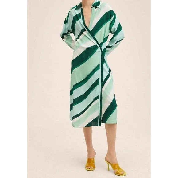 MNG Mango Womens Green Striped Wrap Midi Shirt Dress Long Sleeve‎ Size 6