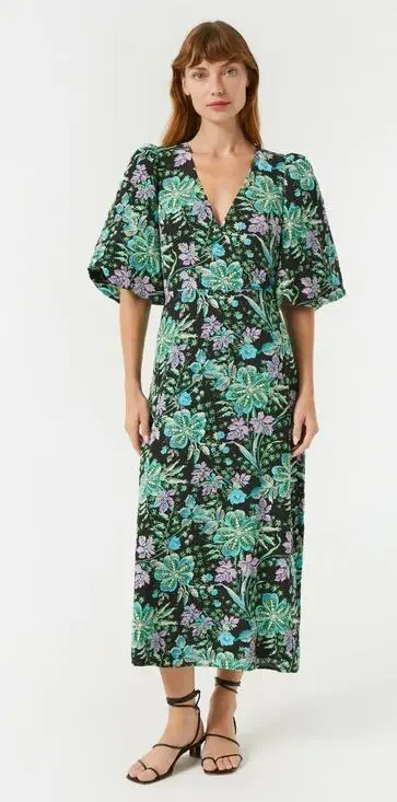 Rhode V Neck Floral Ina Midi Dress Hibiscus Women Size 4 New Bubble Short Sleeve
