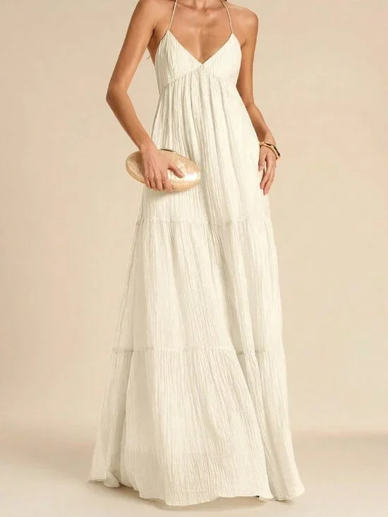 Apricot Boho Spaghetti Strap Women's Backless Tie Bow Pleated Dress