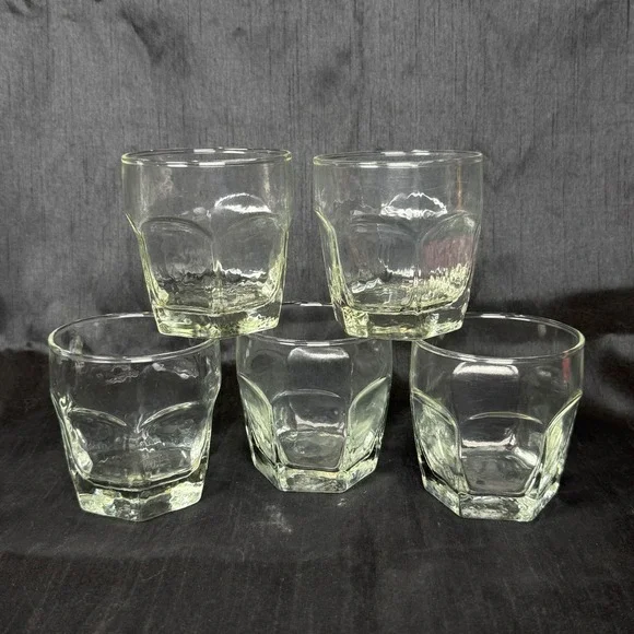 Vintage Libbey Chivalry Tumblers Set of 5 Clear Textured Hexagonal Glasses