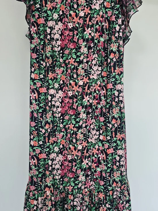Tommy Hilfiger Black Floral Ruffle-Sleeve Womens Dress