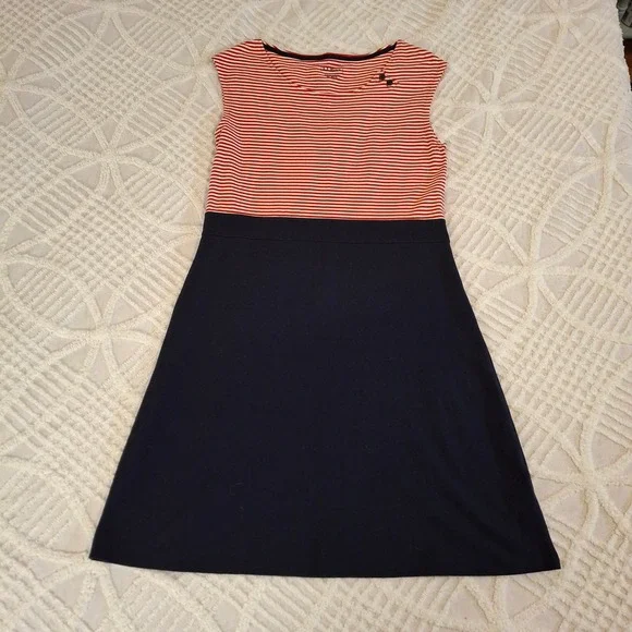 LL Bean‎ Medium Striped Cap Sleeve Dress Navy Red Cotton Blend Stretch