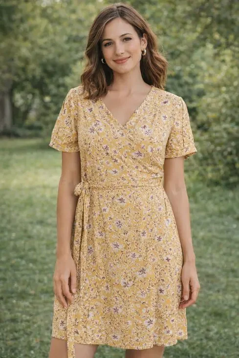 Roxy Floral Short Sleeve Wrap Mini Dress Womens Size Small Yellow New