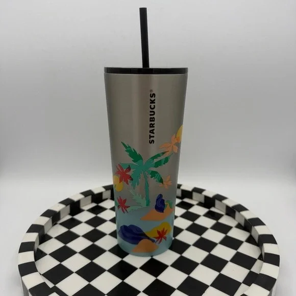 Starbucks Tumbler Unisex 24oz Silver Blue Excellent Tropical Island‎ Palm Tree