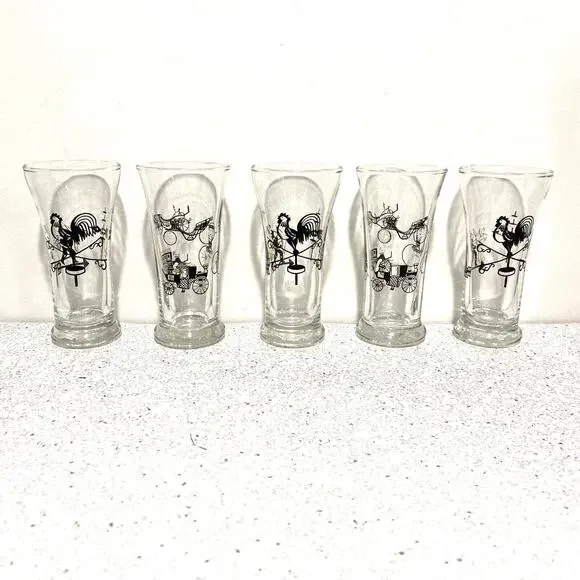 Vintage Juice Glasses Set (5) Retro Clear Glass & Black Gold Roosters Carriages
