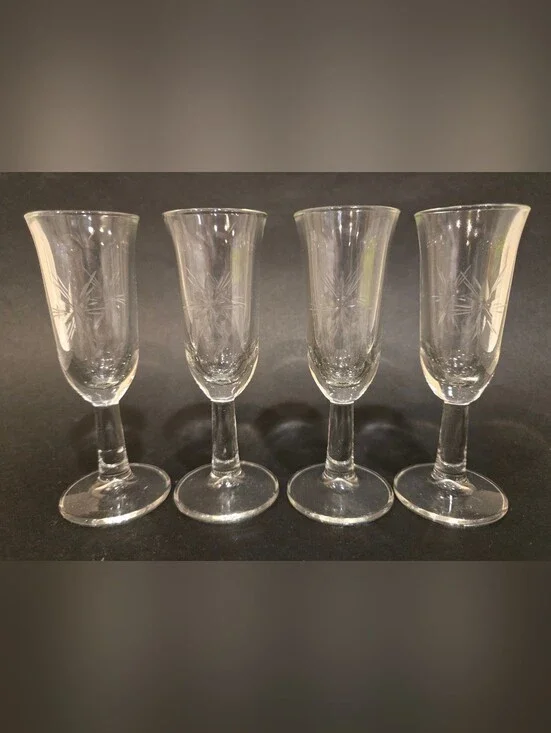 Clear Etched Crystal Liqueur Glasses - Set of 4