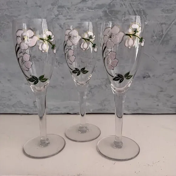 PERRIER JOUET CRYSTAL CHAMPAGNE GOBLETS LIGHT PINK FLORAL 7.5” 4 OZ  Set Of 3
